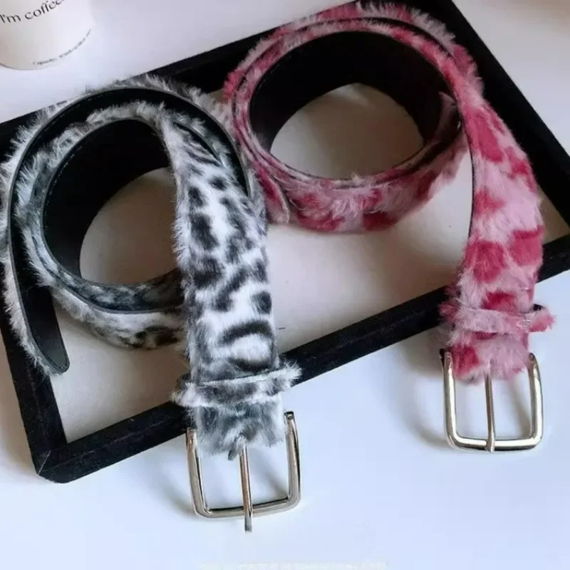 Pink Polka Dot Leopard Print Plush Belt Subculture Y2k Millennium Harajuku Spicy Girls Waistband Vintage Fashion Accessory Belt