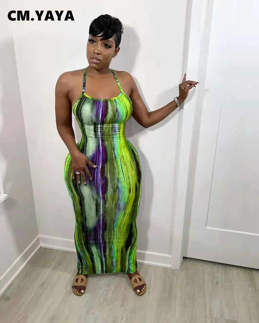 Yaya Tie Dye Print Halter Open Rug Maxi Jurk Vrouwen Bodycon