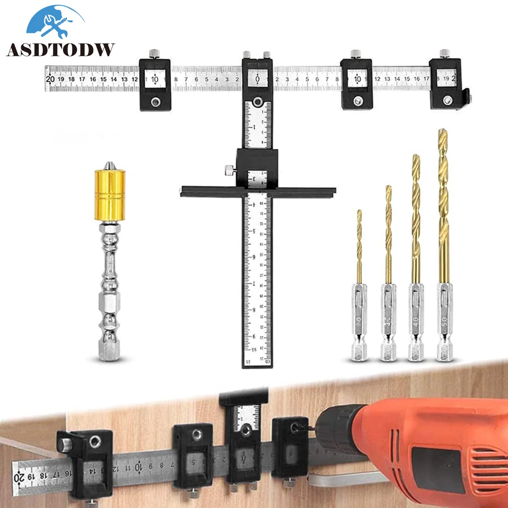 

Multifunctional Furniture Carpentry Punch Locator Drill Guide Ruler Woodworking Hole Locator Adjustable Drilling Positioner Tool
