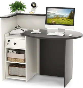 Reception Desk, Front Counter Desk with Lockable Drawer & Adjustable Shelf, Retail Counter for Checkout 1