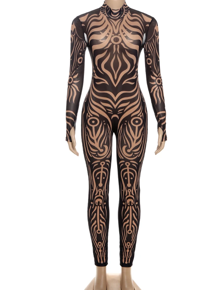 Nibber See Through Jumpsuit Women High Neck Vintage Print Long Sleeve Stretch Skinny Sexy Midnight Fashion Wild Street Outfits