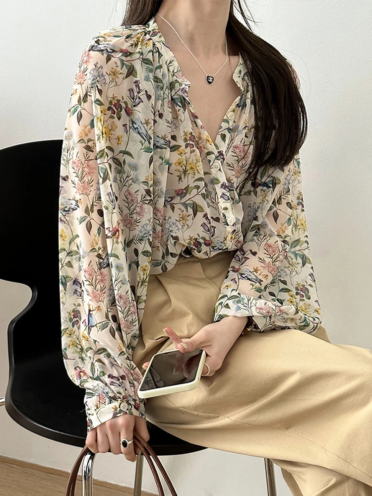 [LANMREM] Fashion Printing Design Round Neck Shirts For Women Long Sleeve Office Lady Loose Blouses 2024 Summer New 26D9372