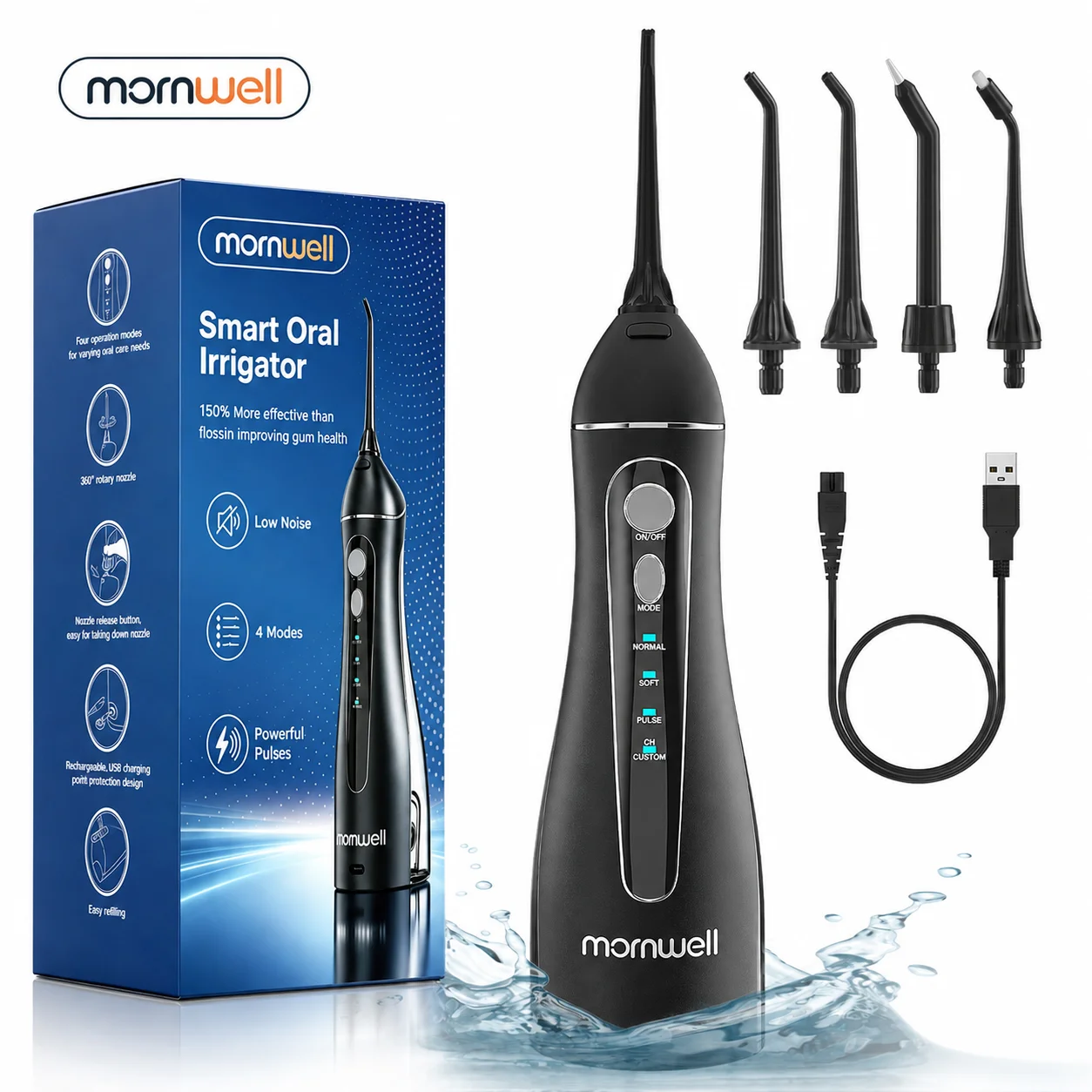 Mornwell Portable USB Rechargeable Water Flosser with 4 Nozzles and 200ml Tank - Waterproof Oral Irrigator