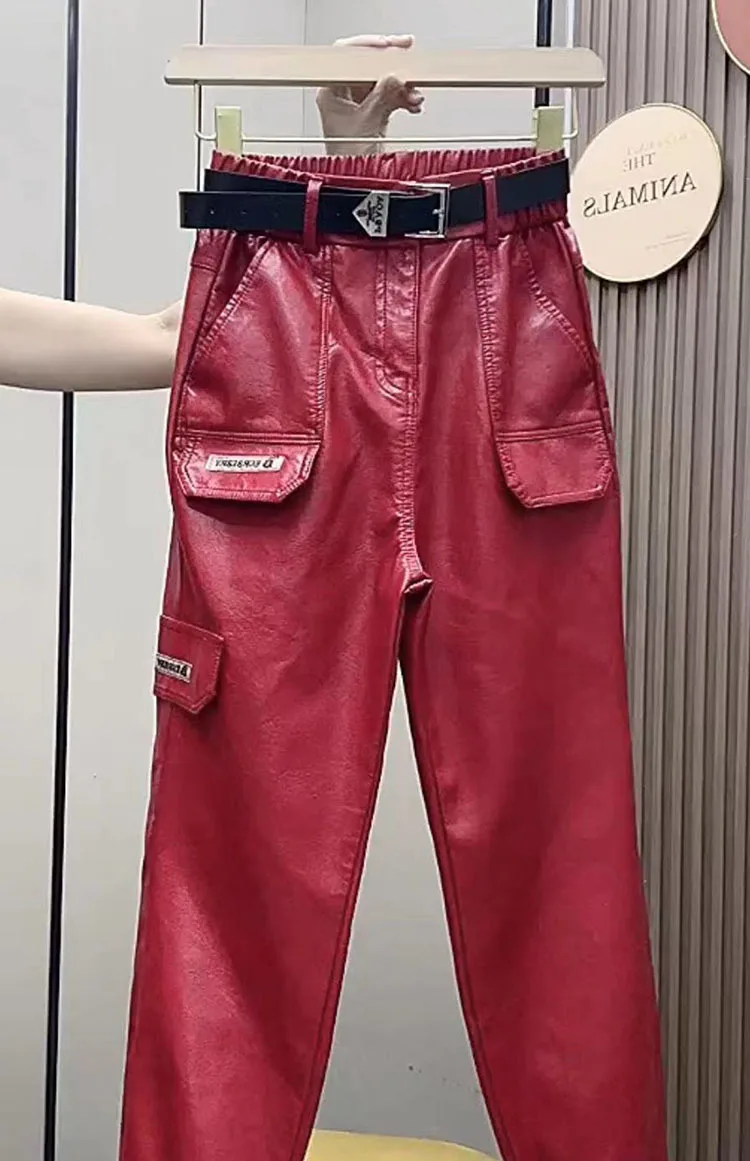 Women's Cargo Leather Pants Fall Winter New Classic Dark Department Fashion Trend Pocket Decoration Loose Oversized Pants 4XL