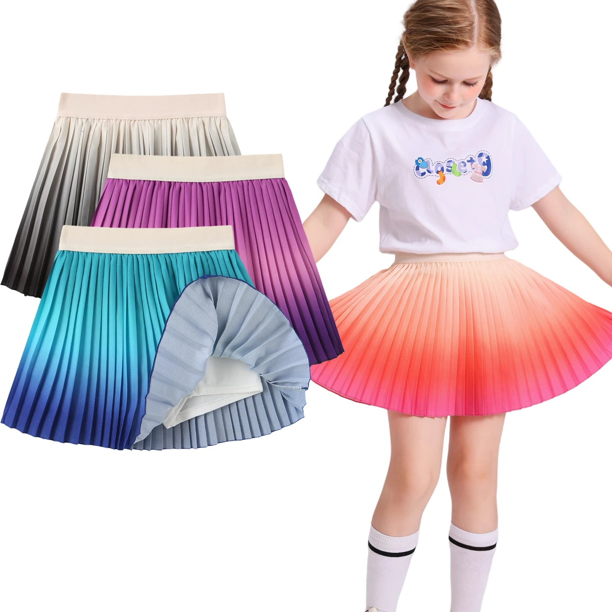 2er-Pack Mädchen Feder-Ombré Plissierter Rock mit Eingebauten Sicherheitsshorts für Kinder-Freizeitkleidung