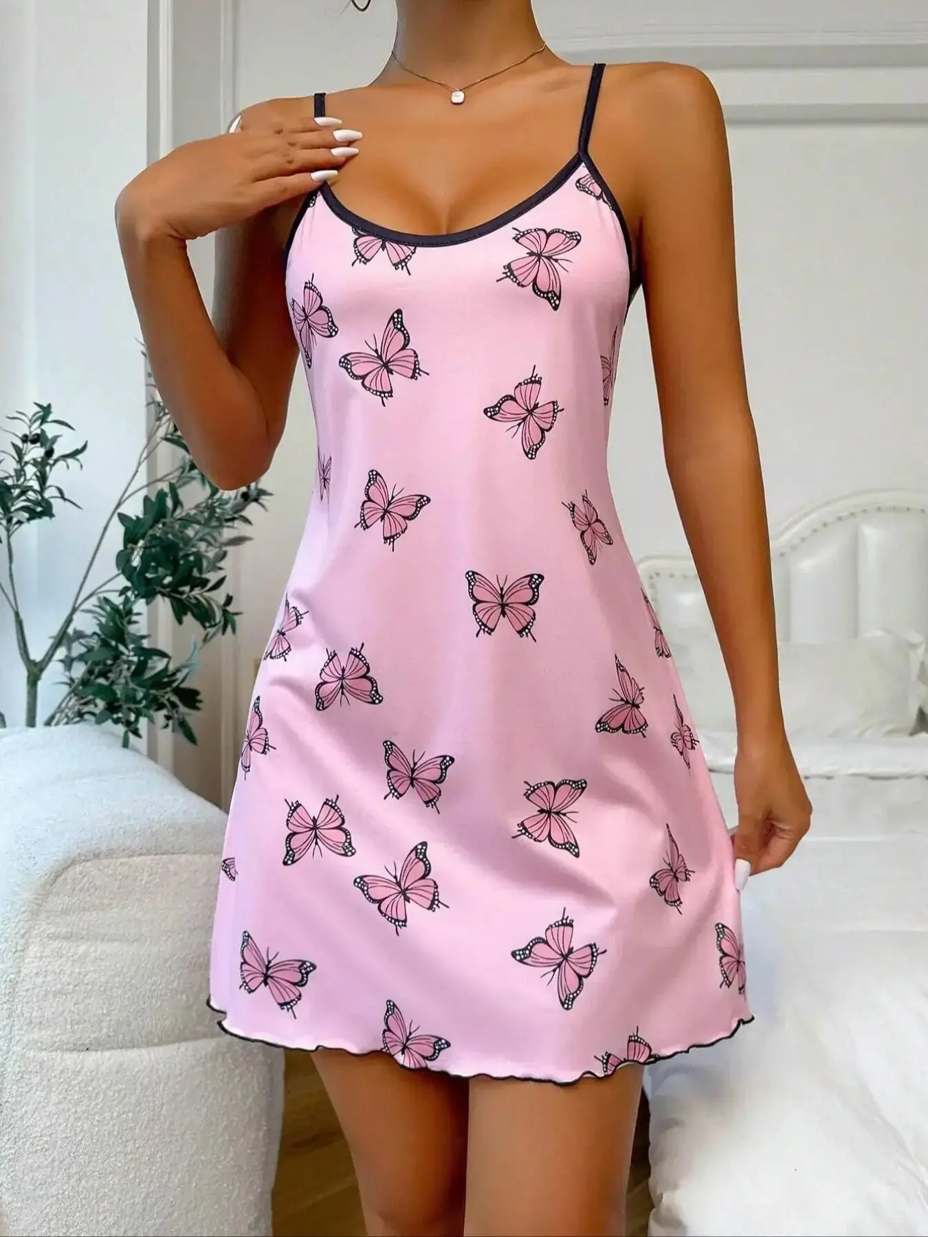 Pink Butterfly Printed Sleepwear Women Sexy Lingerie Nightdress Round Neck Sleep Dress Split Thigh Nighties Nightgown Loungwear women lingerie,women nightgowns,women nightdresses,sleeping dress