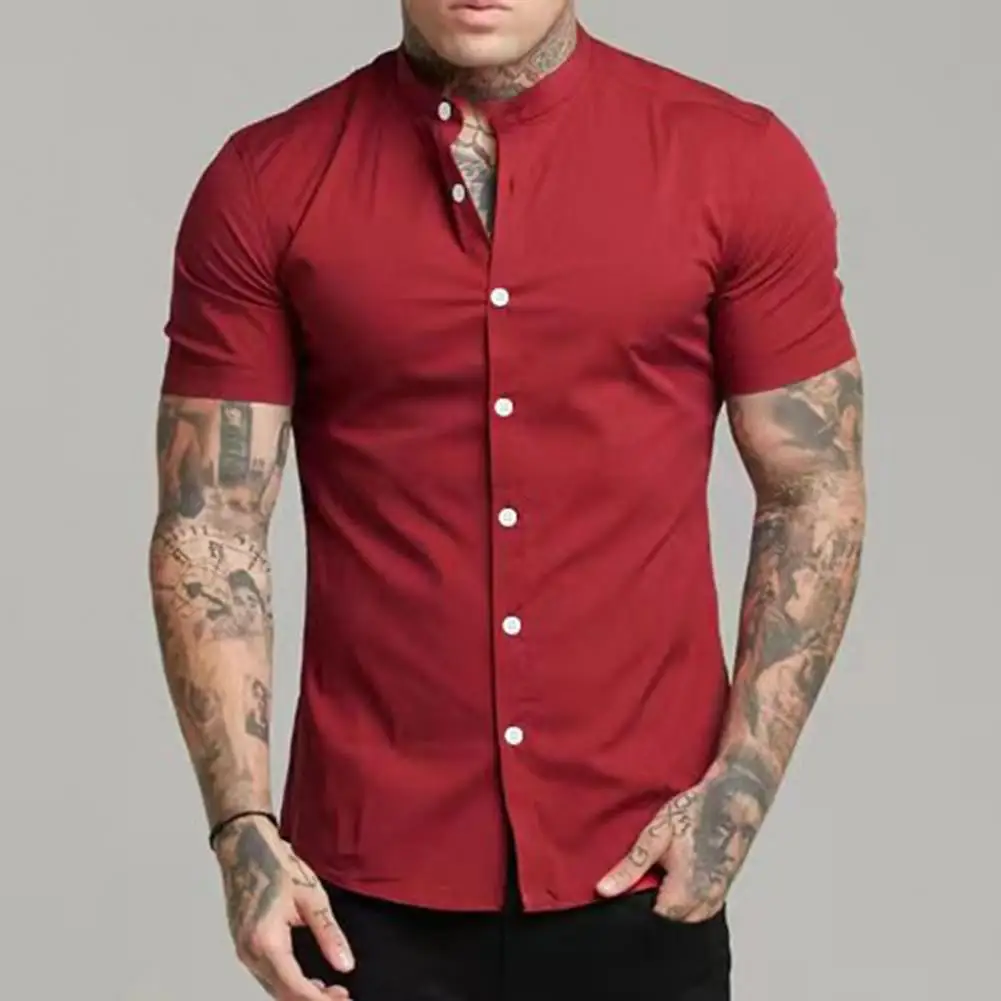 

Shirt Wash-and-wear Anti-pilling Comfortable to Wear Short Sleeves Single-breasted Summer Tops Men Shirt Stand Collar