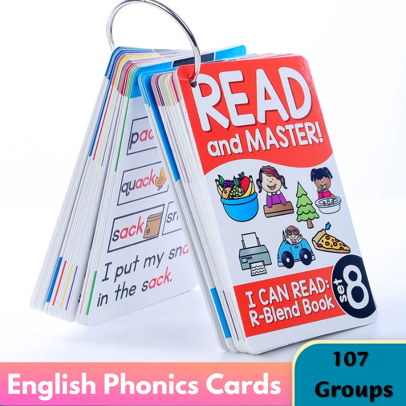 Richardy English Phonics Flashcards with Three Syllable Flips Board Kids Educational Learning Toys Children Reading Games Montessori Materials CVC Sight Words 107 Cards Level 1 