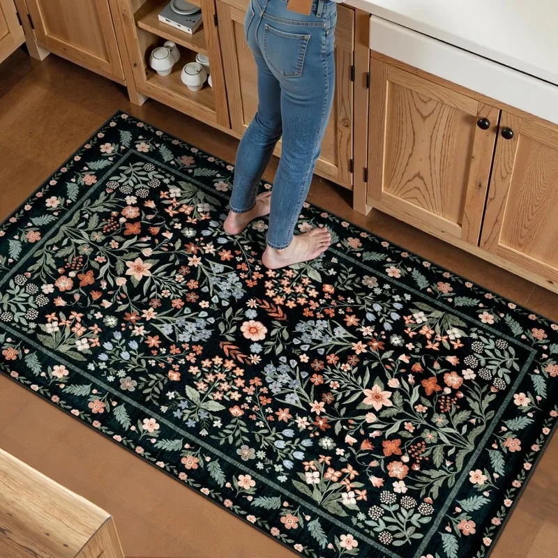 Nordic Retro Living Room Carpet Plant Flower Print Bedroom Rug Large Area Machine Washable Non-slip Coffee Table Mat Tapis Ковер