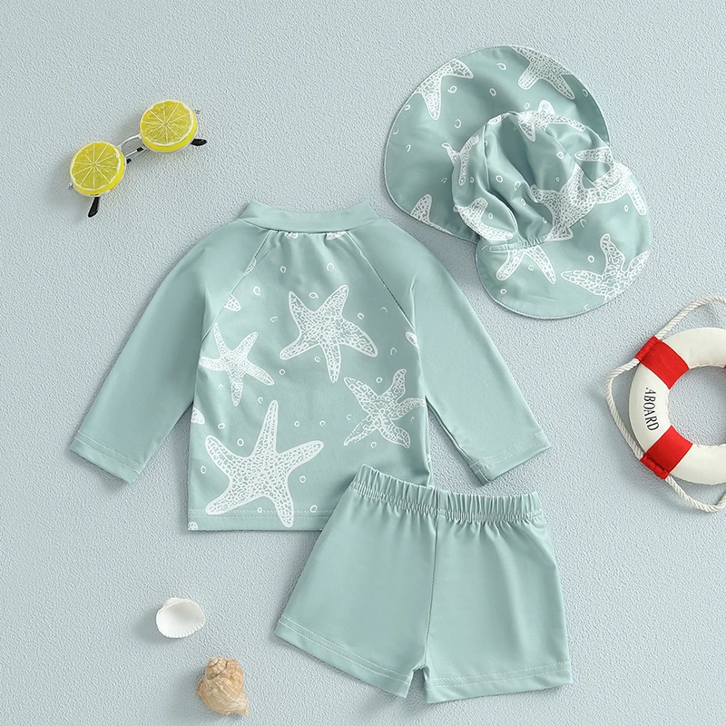 Toddler Baby Boys Rash Guard Swimsuit Set Starfish Print Long Sleeve Zip Tops with Shorts and Swim Hat 3 Pcs Swimwears Set