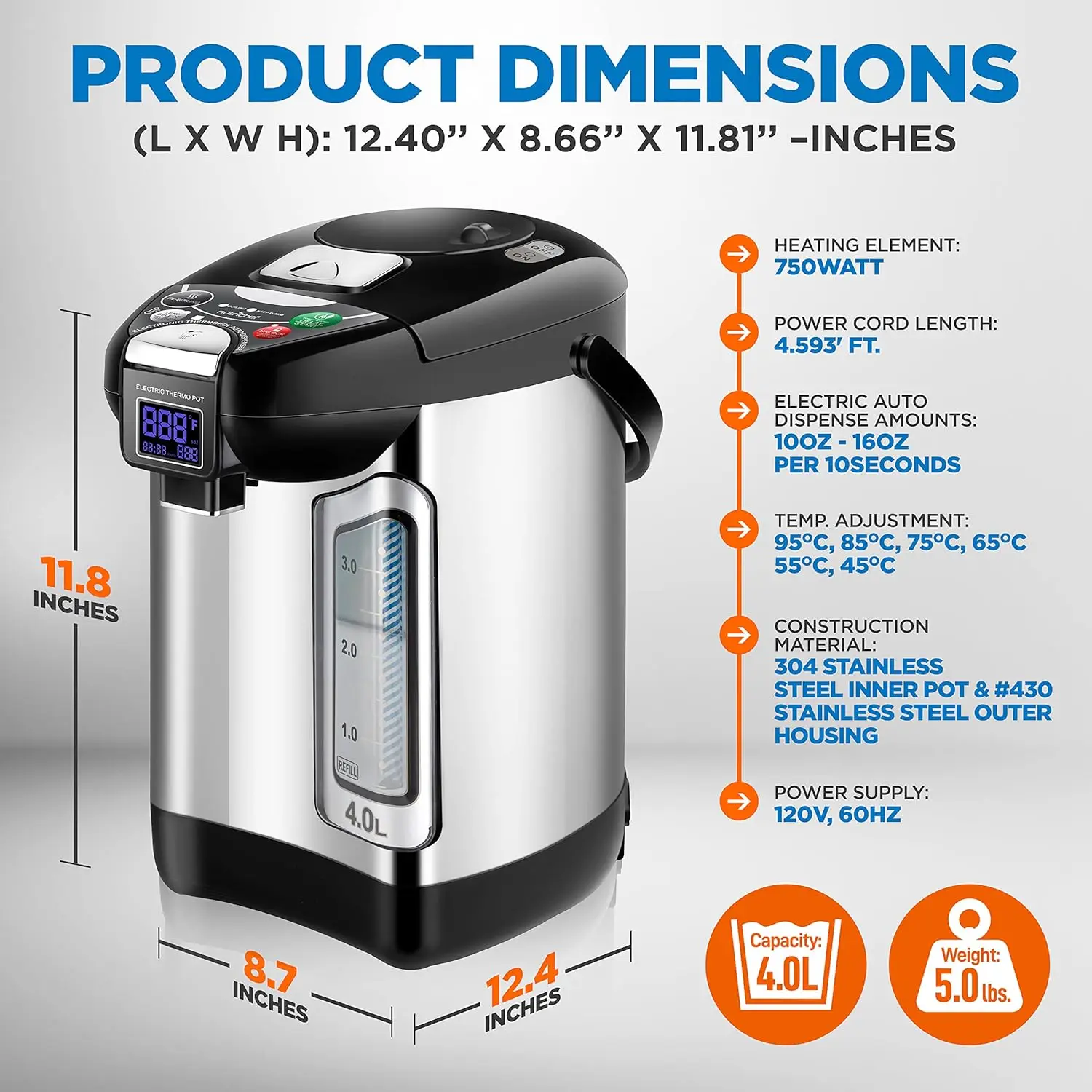 Digital Water Boiler and Warmer-4L/4.23 Qt Stainless Electric Hot Water Dispenser w/ LCD Display, Rotating Base, Keep Warm, Au
