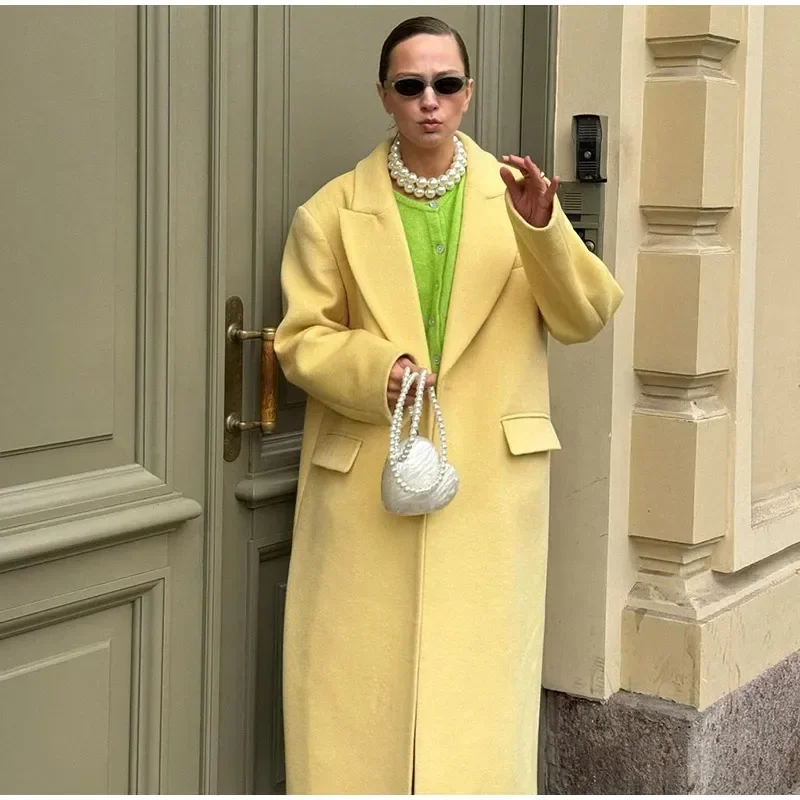 Fashion Woolen Long Coat Women Autumn Full Sleeve Button Fake Pocket Split Yellow Overcoat Elegant Oversize New in Outwear