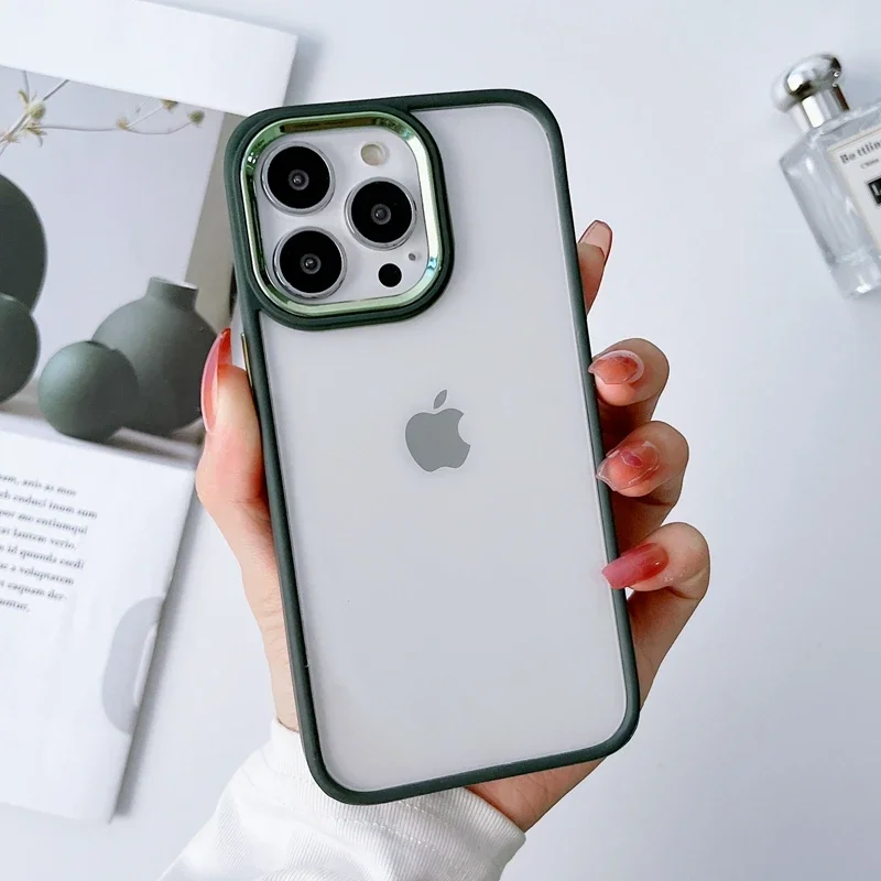 

Прозрачный чехол для телефона iPhone 15 14 13 12 11 Pro Max Plus, акриловый жесткий бампер с металлическим покрытием и кольцом для камеры, цветная кнопка