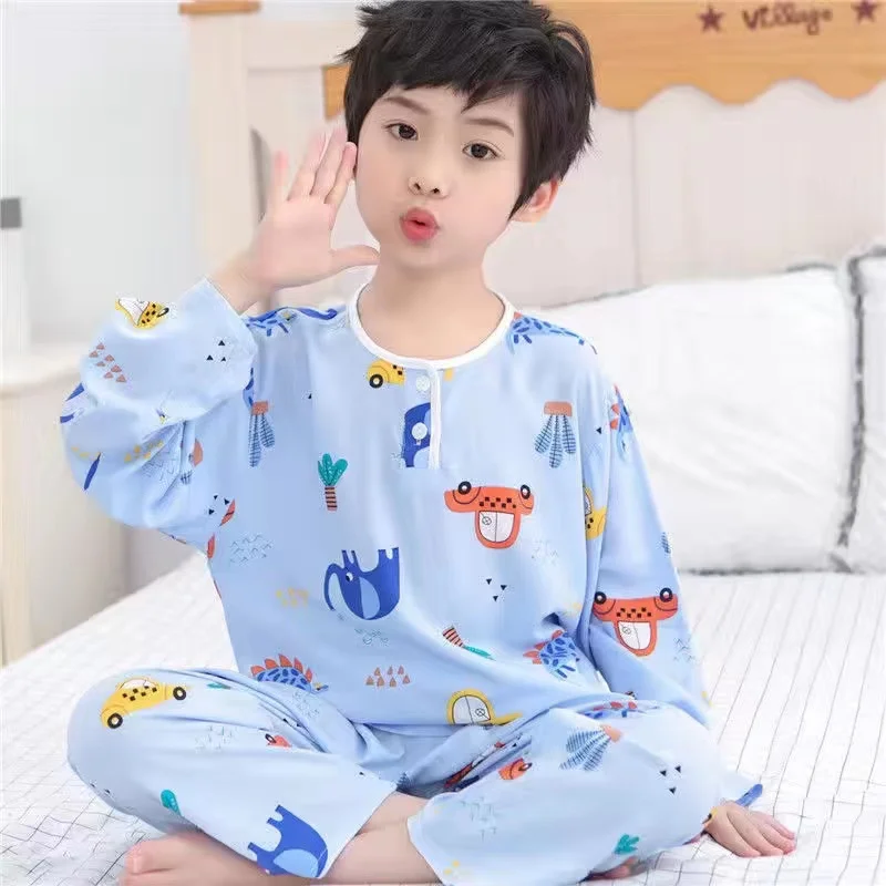 Summer Children's Cotton Silk pajamas Boys And Girls Home Clothes Baby Long-sleeved + Trousers Two-piece Kid's Brethable Suit cute pajama sets	