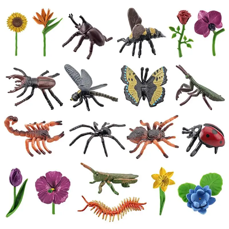 

20PCS/set Insect And Plant Model Figurines Toys Simulation Spider Cockroach Beetle Set For Kid Educational PVC Toys