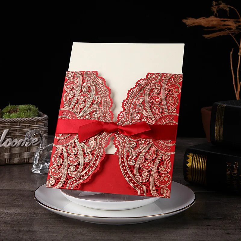 Description Picture 6 of item10Pcs Laser Cut Floral Wedding Invitations Card Lace Greeting Card Custom WIth Ribbon Birthday Engagement Wedding Party Supplies
