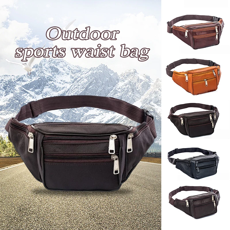 Men's 4-Layer Leather Fanny Business Riding Pack Large Running Bag Sports Outdoor Phone Waist Bag Multi-Functional Hanging Bag