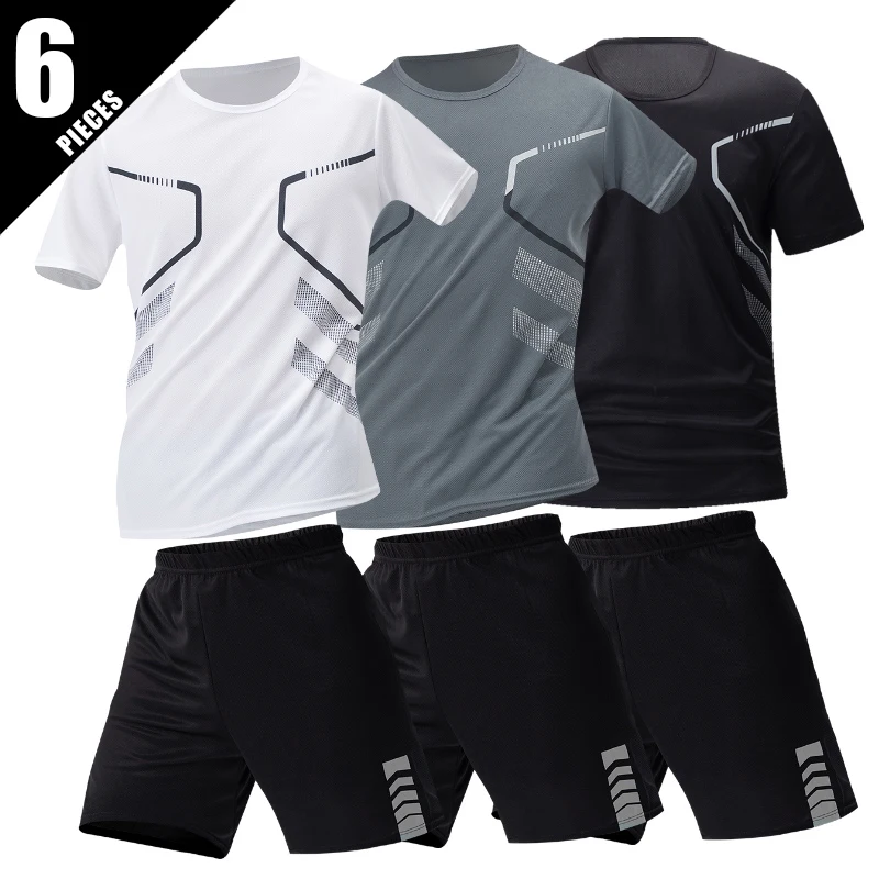 Men's Quick-drying Sports Suit Leisure Fitness Running Short Sleeve Elastic Waist Shorts 2/6 Pcs sports pants