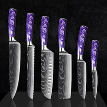  Chef Knife Set 1-10PCS New Purple Resin Handle Stainless Steel Damascus Pattern Kitchen Non-Stick Santoku Cleaver Boning Knivse 