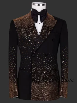 Eleganti perline dorate Abiti da uomo Slim Fit Risvolto Smoking personalizzato per lo sposo Set da 2 pezzi Blazer maschili Costumi di moda Homme