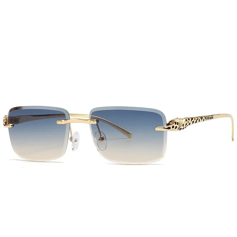 

New European leopard fashion men's and women's rimless sunglasses cut border blue sunglasses
