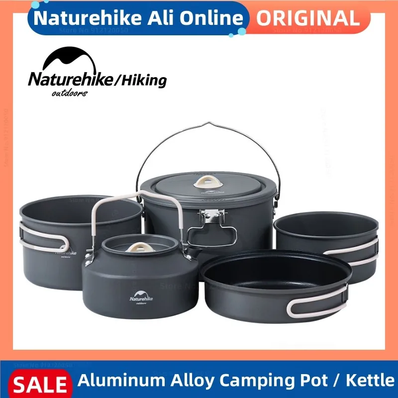 Naturehike 자연 하이킹 휴대용 비 스틱 알루미늄 합금 캠핑 요리 도구 야외 요리 찻주전자 피크닉 식기 주전자 냄비 4pcs/세트