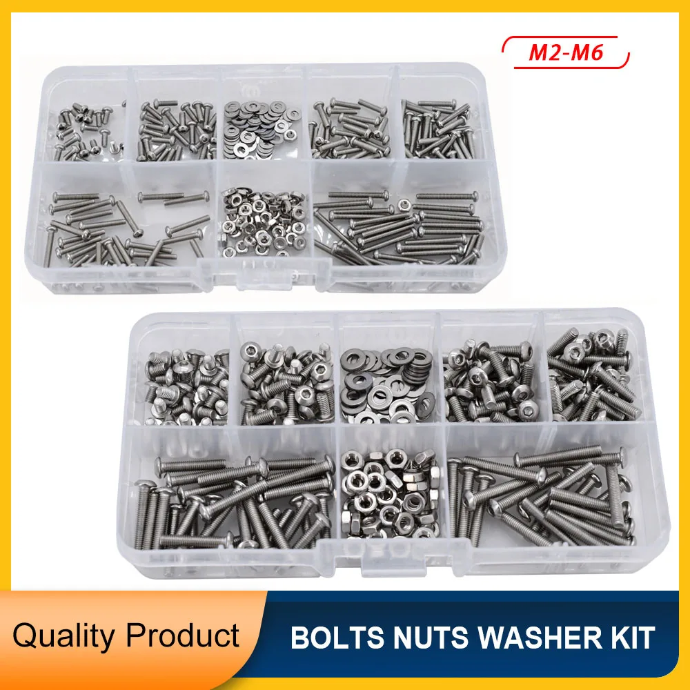 

515 Pcs 304 Stainless Steel Hex Socket Round Head Screws Metric M2 M3 M4 M5 M6 Bolt And Nut With Washer Assortment Kit