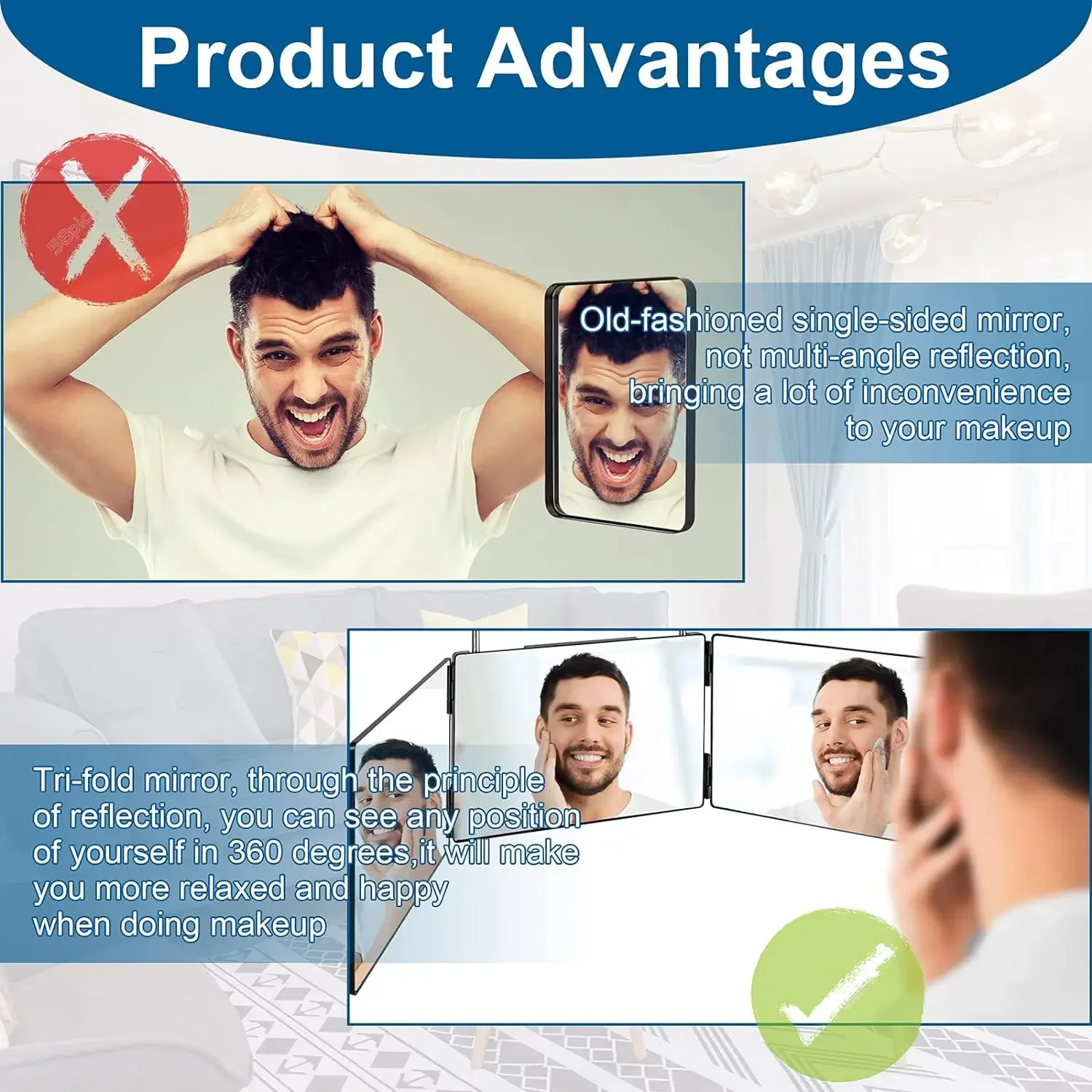 3 Folding Mirror 360 Full Body Professional Mirror for Men's Haircuts Shaving Women's Makeup with Retractable Hooks