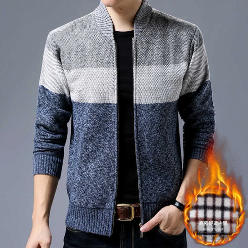 Autumn Winter Stand Collar Oversized Add Velvet Thick Warm Cardigan Sweater Men Loose Casual Zipper Knitted Coat Male Ouwear Top