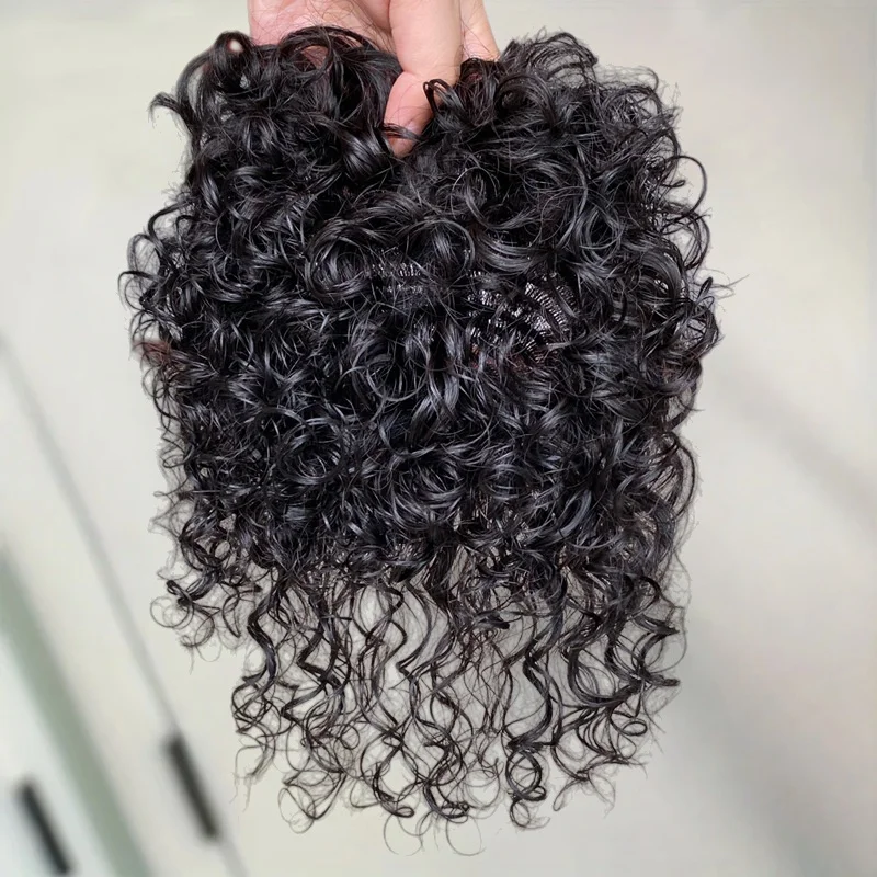 Topper per capelli umani ricci 13x14 cm con frangia Clip riccia corta soffice senza cuciture in pezzi di capelli Topper per donne con capelli diradati - immagine 5