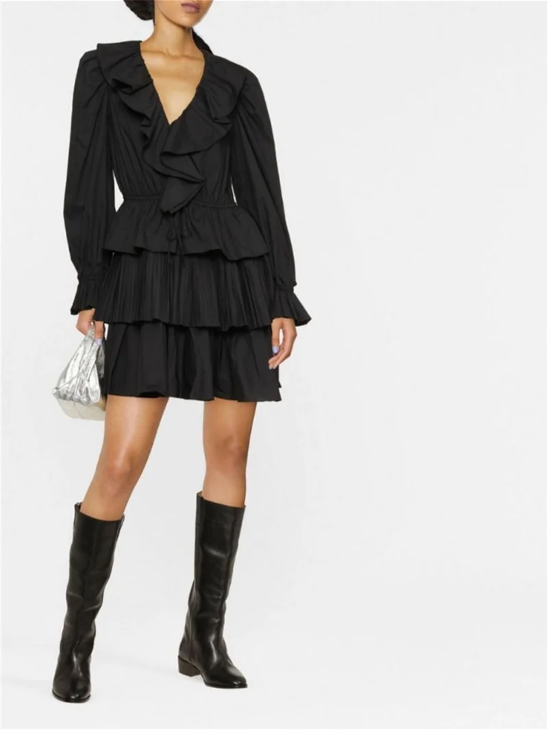 

Женское хлопковое мини-платье, однотонное Плиссированное короткое платье с длинным рукавом, V-образным вырезом и многослойными оборками на краях в стиле ретро, лето 2024