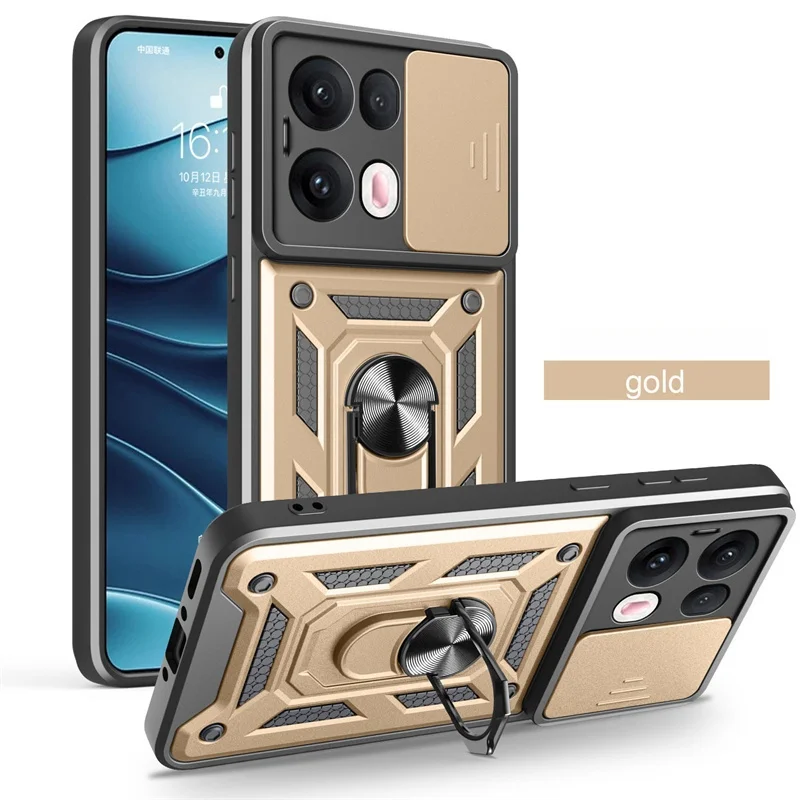 Shockproof Armor Case with Ring Holder and Slide Lens Protection Cover