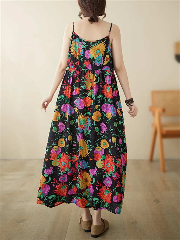 Sleeveless Strap Print Dresses For Women 2024 Summer Cotton Vintage Casual Loose Long Dress Femme Robe Beach Elegant Clothing