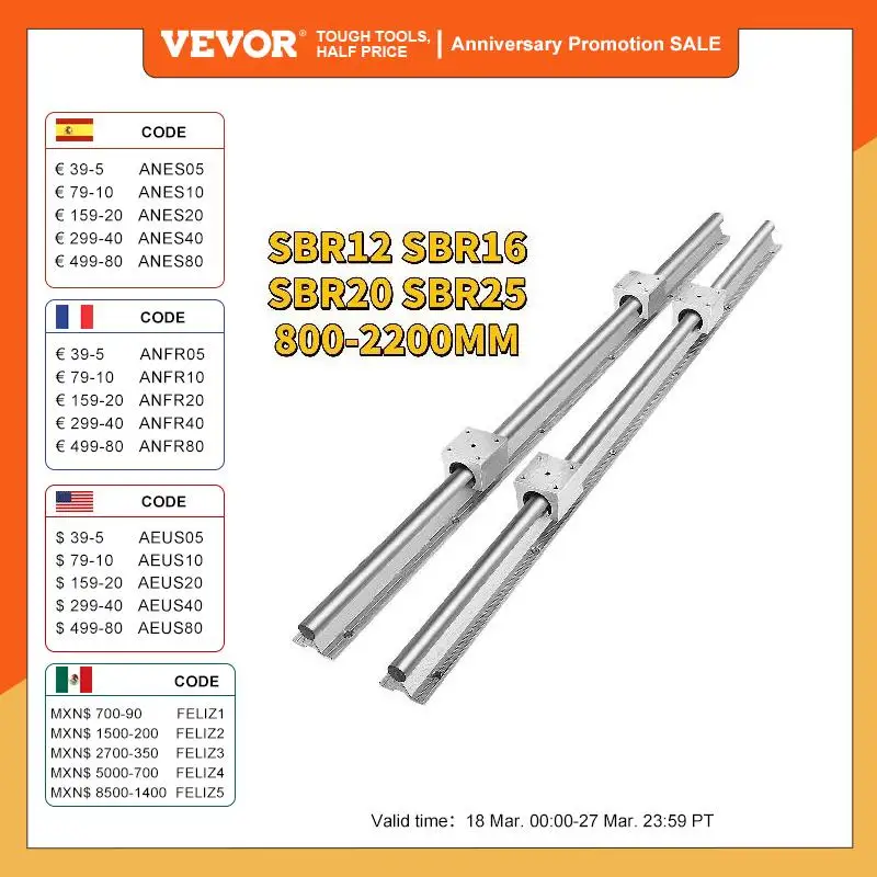 

VEVOR 2PCS линейные направляющие SBR12 SBR16 SBR20 SBR25 300-2200 мм и 4PCS UU подшипниковые блоки плавное движение для DIY мельницы CNC частей