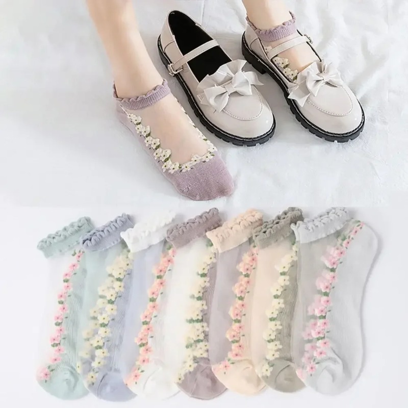 1Pairs Short Socks Japanese Cute Little Fresh Ins Short Floral Glass Silk Women's Socks Spring Summer Thin Breathable Boat Socks