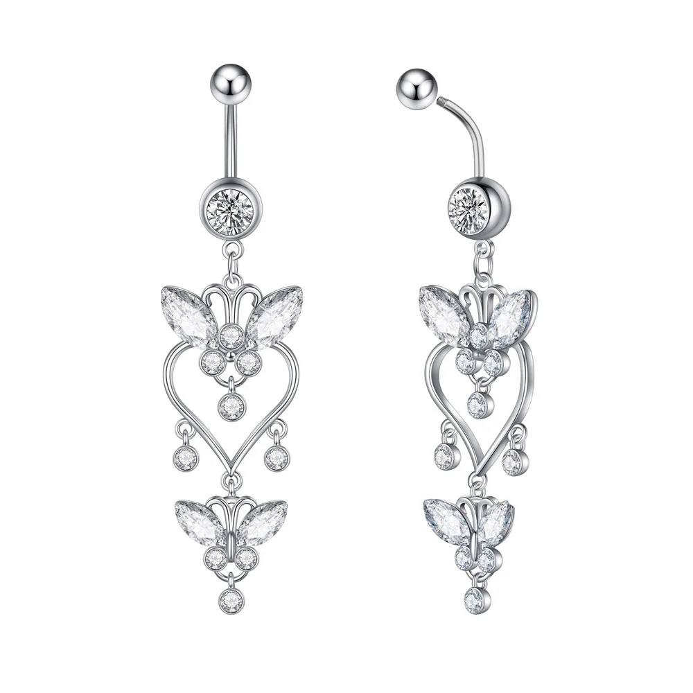 Angel Belly Button Rings Trendy Stainless Steel Zircon Butterfly Navel Piercing Surgical for Women Body Belly Jewelry Pendant