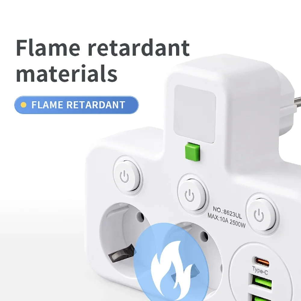 EU Plug AC Power Strip Socket Panel with Type C USB Fast Charging Independent Switches for Home Office Electrical LED Light