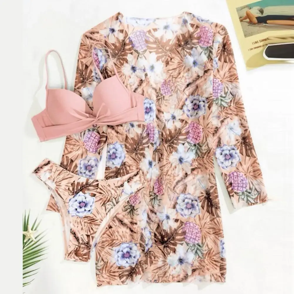 Swimsuit Set Floral Print Bikini Set with High Waist Briefs Cover-up Women's Summer Beachwear Bathing Suit Push Up for Women