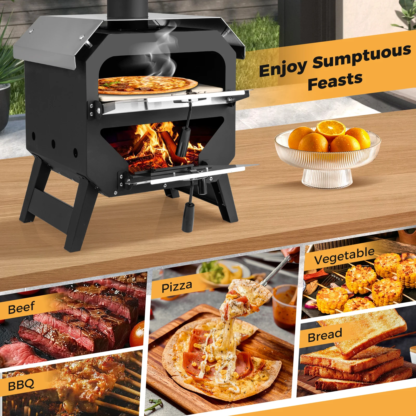 Outdoor-Pizzaofen, Pizzaofen mit Pizzaschaufel, Pizzastein, wasserdichter Abdeckung, Edelstahldach & hitzebeständigen Griffen – Detail 3