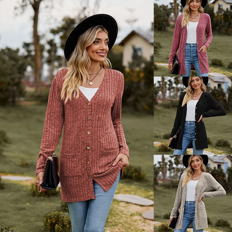 

Cross-Border New Autumn Womenswear Solid Long-Sleeved Cardigan Jacket Knitted Style Buttoned Striped Trim Casual Style