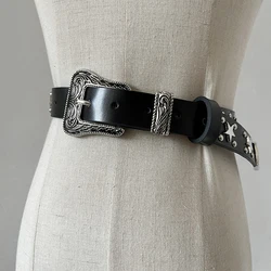 Punk Genuine Leather Belt Waistband with Stars Rivet Square Buckle Waist Retro Casual Fashion Cool Belts for Men Women Luxury
