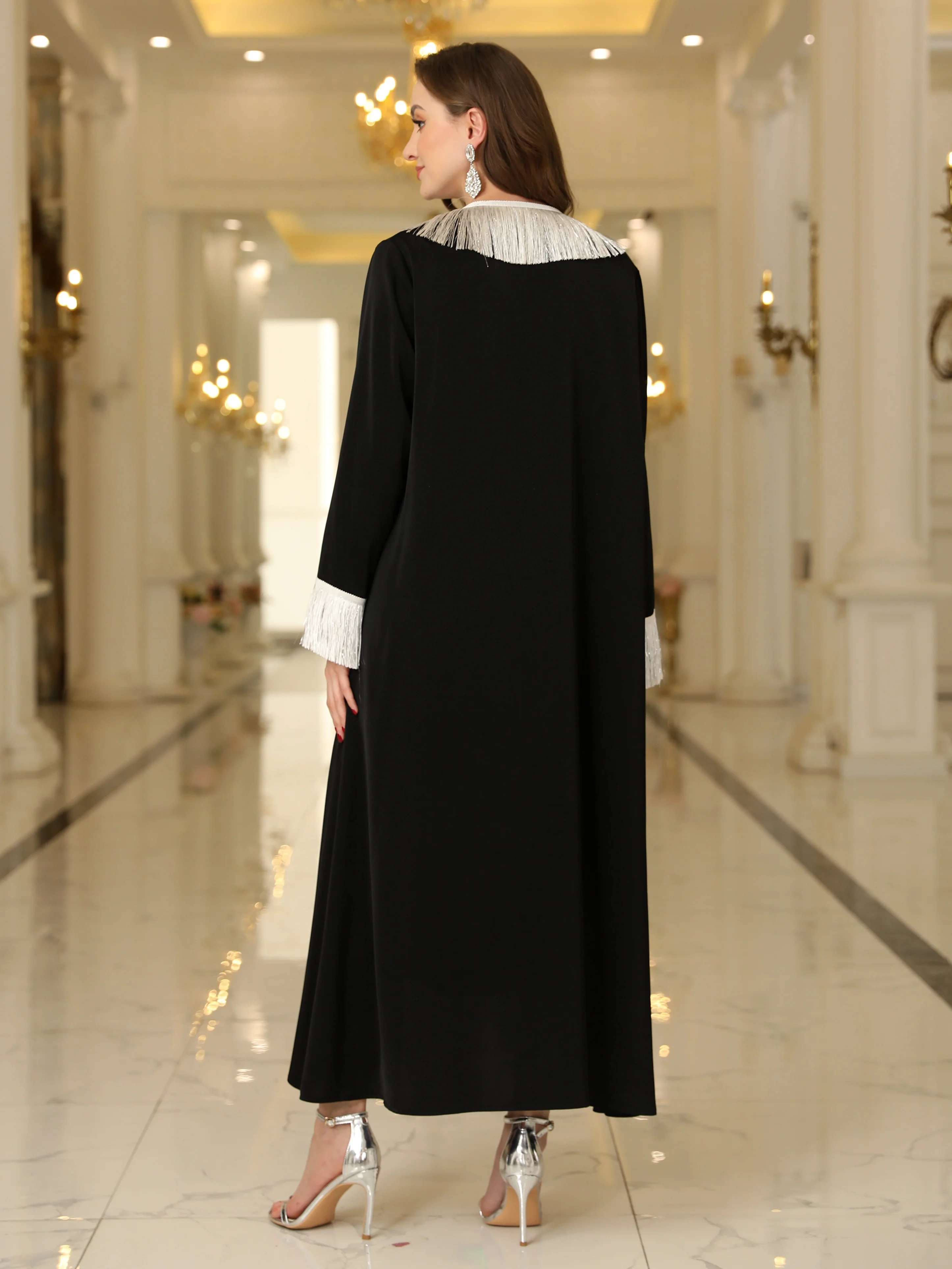 Ramadan Contrast Trim Fringe Hem Abayas, Elegant Long Sleeve Open Front Cover Up Outwear, Abaya Dubai Luxury Women's Clothing