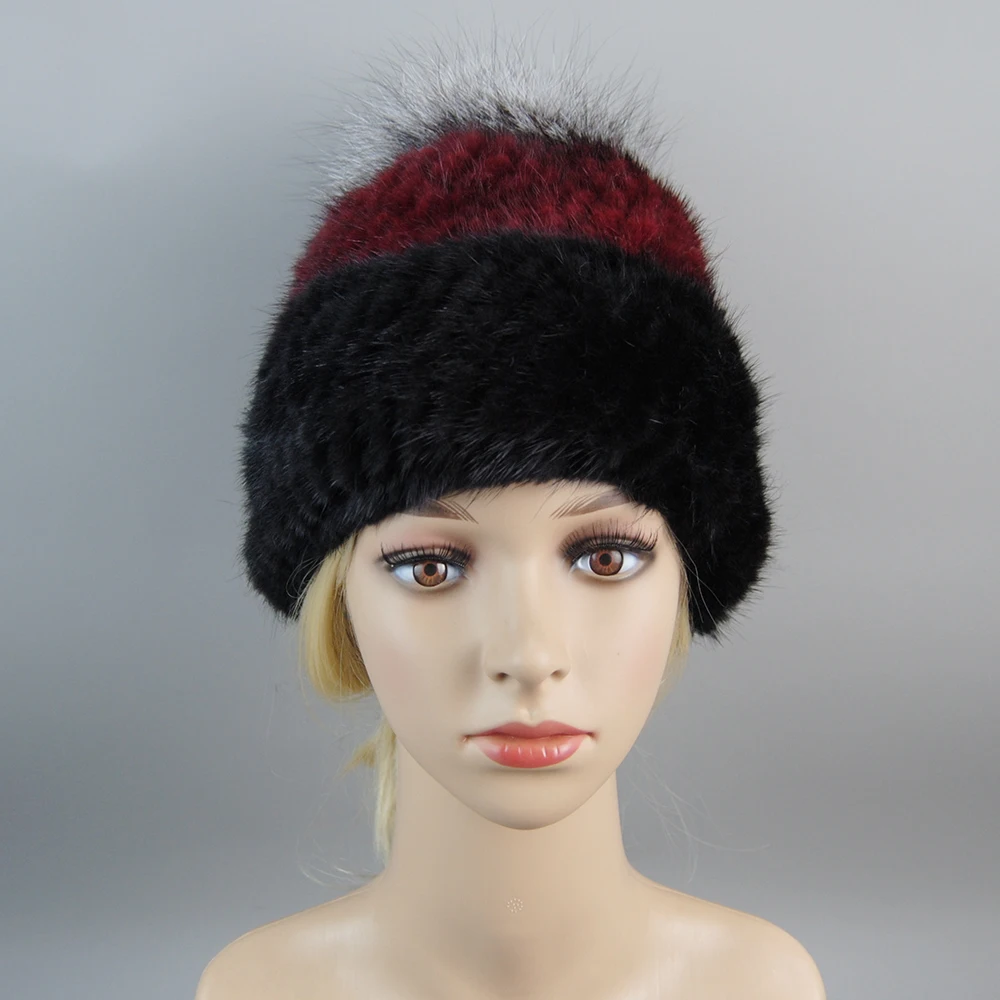 Fashion Real Mink Fur Hat For Winter Women Imported Knitted Mink Cap With Fox Fur Hot Sale High Quality Women Beanies Hat