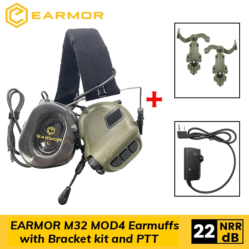

EARMOR M32 MOD4 Shooting Earmuffs Tactical Noise Reduction Headset with Helmet ARC Rail Adapter with Kenwood PTT adapter New