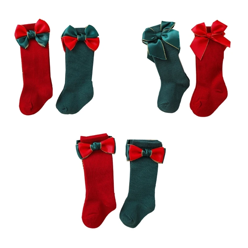 

2 Pair Baby Girls' Christmas Socks with Bowtie Decoration Children's Knee Length Socks Elastic Breathable In Tube Socks