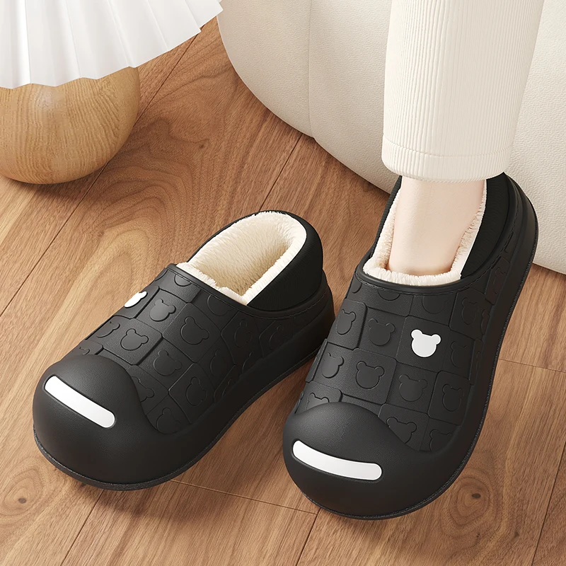 Winter Warm Cartoon Bear Waterproof Plush Women Home Slipper Lady Men Thick Furry Outside Cotton Shoes 4