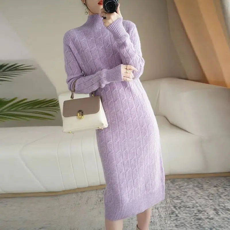 

2023 Autumn Winter Thick Straight Sweater Dress Women Mock Neck Long Sweater Dress Elegant Female Loose Knitting Dress T33