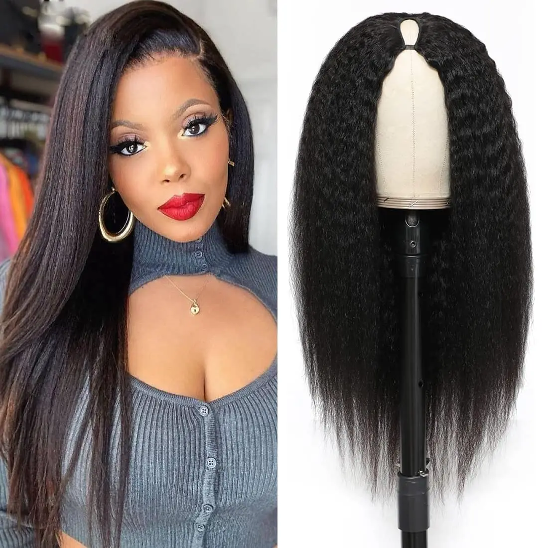 Indian Hair U Part Yaki Straight Human Hair Wig For Women 180 Density Natural Color No Glue V Part Kinky Straight Wig Remy Hair