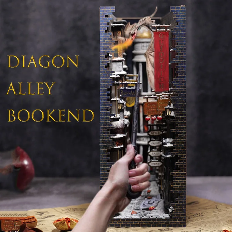 DIY Wooden Book Nook Diagon Alley Bookend Bookshelf Insert Bookcase