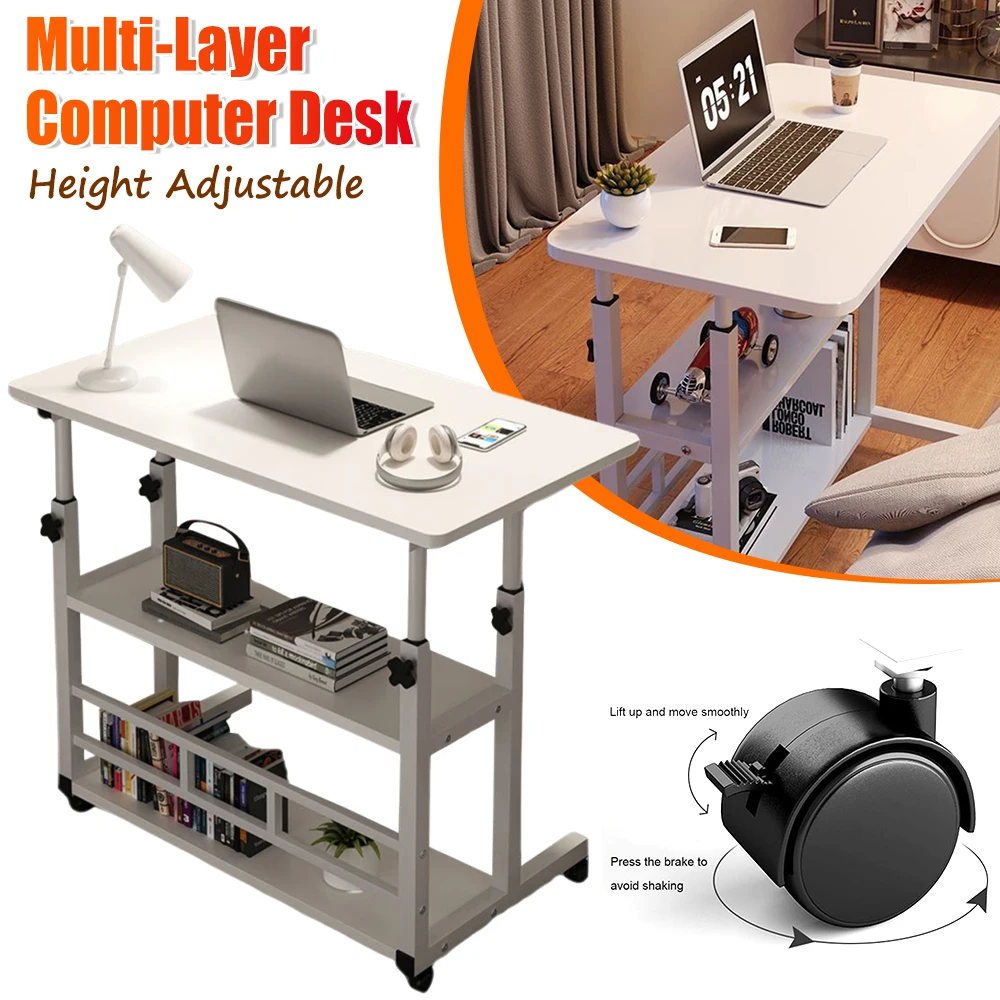 Portable Rolling Desk on Wheels Adjustable Height Desks Computer Desk with Storage Shelves Multi-Layer Desk for Home Office
